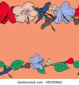 Endless vector texture for romantic design, decoration, greeting cards, flyers, textile print or fabric. Floral seamless pattern with bright summer flowers in red, pink and blue colors and copy space.