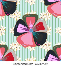 Endless vector texture for romantic design, decoration, greeting cards, posters, wrapping, for textile print and fabric. Floral seamless pattern with bright summer flowers in pink and blue colors.