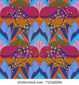 Endless vector texture for romantic design, decoration, greeting cards, posters, wrapping, for textile print, fabric. Floral seamless pattern with bright summer flowers in purple, orange, blue colors.