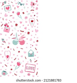 Endless vertical one-sided Valentine's Day frame with kissing bunnies. Flat isolated illustration 