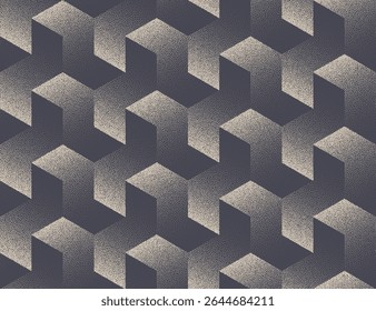 Endless wallpaper with cube-like grid blocks and stipple shading creating depth and visual illusion of movement. Seamless pattern abstract dot work vector background. Halftone graphic art illustration