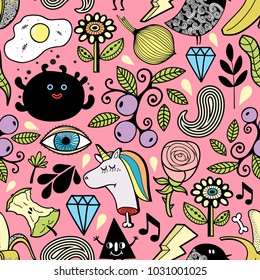 Endless wallpaper with head of dead unicorn and cute monsters. Seamless vector pattern.