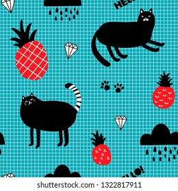 Endless wallpaper with red pineapples and black cats. Vector seamless pattern in scandinavian style.