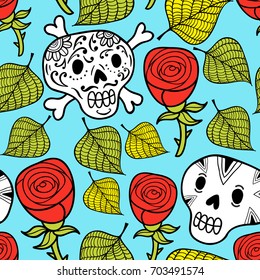 Endless wallpaper with roses and sugar skulls. Vector pattern.