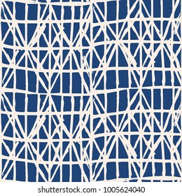 Endless watercolor texture vector. Indigo tie dye seamless pattern. Natural tiles. Japan cotton background. Batik bed vector texture. China hand dyeing white cotton background. Hippie fabric with grid