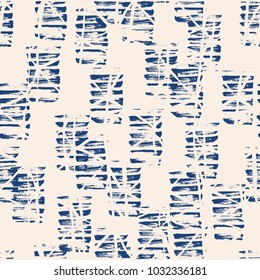 Endless watercolor texture vector. Indigo tie dye seamless pattern. Natural tiles. Japan cotton background. Batik bed vector texture. China hand dyeing white cotton background. Hippie fabric with grid