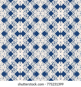 Endless watercolor texture vector. Indigo tie dye seamless pattern. Natural tiles. Japan cotton background. Batik bed vector texture. China hand dyeing white cotton background. Hippie fabric with grid