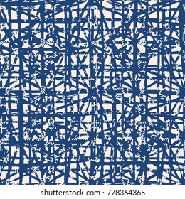 Endless watercolor texture vector. Indigo tie dye seamless pattern. Natural tiles. Japan cotton background. Batik bed vector texture. China hand dyeing white cotton background. Hippie fabric with grid