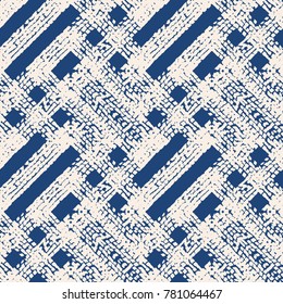 Endless watercolor texture vector. Indigo tie dye seamless pattern. Natural tiles. Japan cotton background. Batik bed vector texture. China hand dyeing white cotton background. Hippie fabric with grid