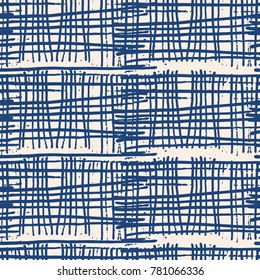 Endless watercolor texture vector. Indigo tie dye seamless pattern. Natural tiles. Japan cotton background. Batik bed vector texture. China hand dyeing white cotton background. Hippie fabric with grid