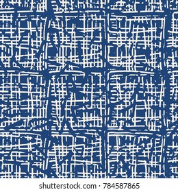 Endless watercolor texture vector. Indigo tie dye seamless pattern. Natural tiles. Japan cotton background. Batik bed vector texture. China hand dyeing white cotton background. Hippie fabric with grid