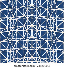 Endless watercolor texture vector. Indigo tie dye seamless pattern. Natural tiles. Japan cotton background. Batik bed vector texture. China hand dyeing white cotton background. Hippie fabric with grid