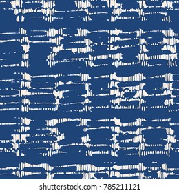 Endless watercolor texture vector. Indigo tie dye seamless pattern. Natural tiles. Japan cotton background. Batik bed vector texture. China hand dyeing white cotton background. Hippie fabric with grid