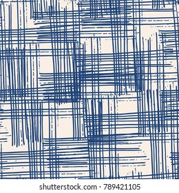 Vetor infinito de textura aquarela. Padrão de corante de gravata índigo sem costura. Azulejos naturais. Fundo de algodão do Japão. Textura vetorial de cama Batik. China mão tingimento fundo de algodão branco. Tecido Hippie com grade