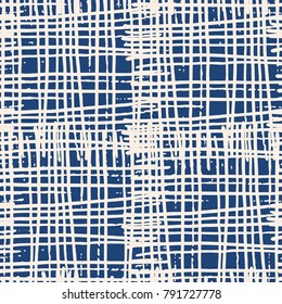 Endless watercolor texture vector. Indigo tie dye seamless pattern. Natural tiles. Japan cotton background. Batik bed vector texture. China hand dyeing white cotton background. Hippie fabric with grid