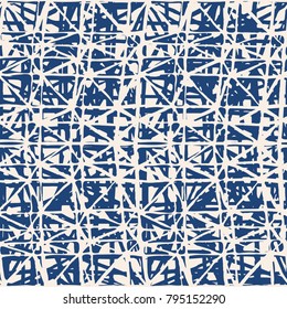 Endless watercolor texture vector. Indigo tie dye seamless pattern. Natural tiles. Japan cotton background. Batik bed vector texture. China hand dyeing white cotton background. Hippie fabric with grid