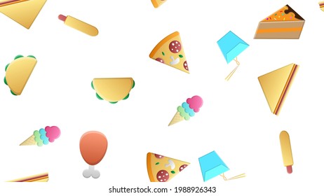 Endless white seamless pattern of delicious food and snack items icons set for restaurant bar cafe: noodles, pizza, chicken leg, hot dog, ice cream, cake, sandwich, burrito. The background