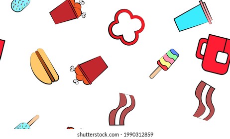 Endless white seamless pattern of delicious food and snack items icons set for restaurant bar cafe: ice cream, tea, bacon, jalapeno pepper, chicken, soda, burger. The background