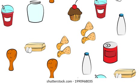 Endless white seamless pattern of delicious food and snack items icons set for restaurant bar cafe: milk, can, cupcake, eggs, chicken, chips, soda, lemonade. The background