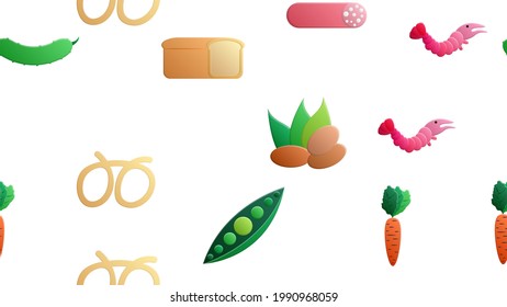 Endless white seamless pattern of delicious food and snack items icons set for restaurant bar cafe: nuts, cucumber, peas, carrot, sausage, bread, shrimp, pretzel. The background