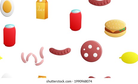 Endless white seamless pattern of delicious food and snack items icons set for restaurant bar cafe: lemon, egg, soda, burger, juice, salami, sausages. The background