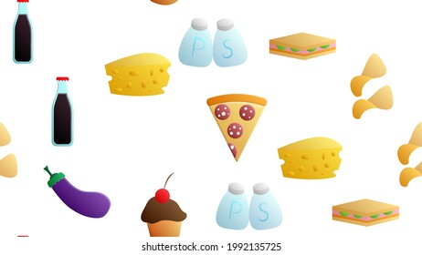 Endless white seamless pattern of delicious food and snack items icons set for restaurant bar cafe: chips, cheese, eggplant, soda, salt and pepper, cupcake, pizza, sandwich. The background