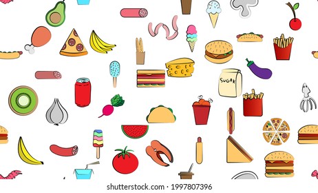 Endless white seamless pattern of delicious food and snack items icons set for restaurant bar cafe: fast food, cheat meat, burger, pizza, hot dog, sandwich, fruits, vegetables. The background