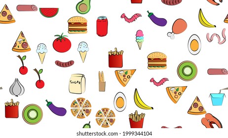 Endless white seamless pattern of delicious food and snack items icons set for restaurant bar cafe: ice cream, burger, pizza, sausage, drink, egg, tomato, garlic, mango, watermelon. The background