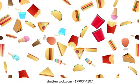 Endless white seamless pattern of delicious food and snack items icons set for restaurant bar cafe: fries, hotdog, sandwich, cake, ice cream, popcorn, burger. The background