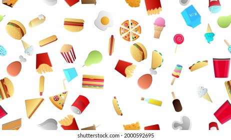 Endless white seamless pattern of delicious food and snack items icons set for restaurant bar cafe: fast food, cheat meat, burger, pizza, hot dog, sandwich, fruits, vegetables. The background