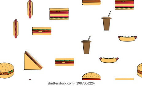Endless white seamless pattern from a set of icons of delicious food and snacks items for a restaurant bar cafe: burger, sandwich, hot dog, coffee. The background