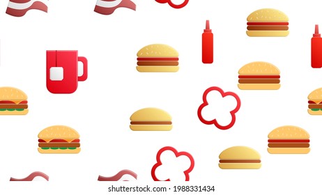 Endless white seamless pattern from a set of icons of delicious food and snacks items for a restaurant bar cafe: tea, burger, ketchup, bacon, jalapeno peppers. The background