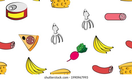 Endless white seamless pattern from a set of icons of delicious food and snacks items for a restaurant bar cafe: sausage, bananas, radish, squid, cheese, canned food, pizza. The background