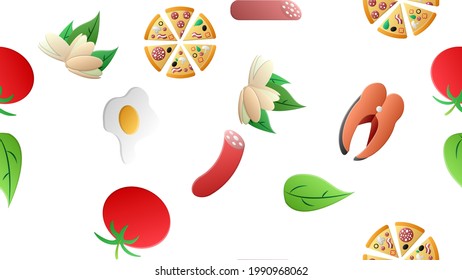 Endless white seamless pattern from a set of icons of delicious food and snacks items for a restaurant bar cafe: pizza, pistachios, fish, salami, tomatoes, herbs, egg. The background