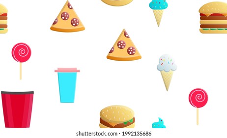 Endless white seamless pattern from a set of icons of delicious food and snacks items for a restaurant bar cafe: burger, popcorn, pizza, ice cream, coffee, candy. The background
