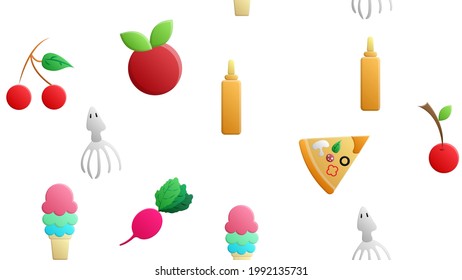 Endless white seamless pattern from a set of icons of delicious food and snacks items for a restaurant bar cafe: ice cream, cherry, berry, radish, squid, syrup, pizza. The background