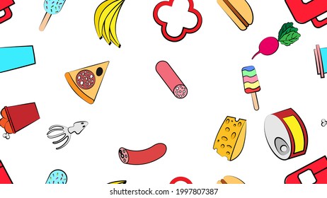 Endless white seamless pattern from a set of icons of delicious food and snacks items for a restaurant bar cafe: pizza, sausage, vegetables, cheese ice cream, tea, coffee, burger. The background