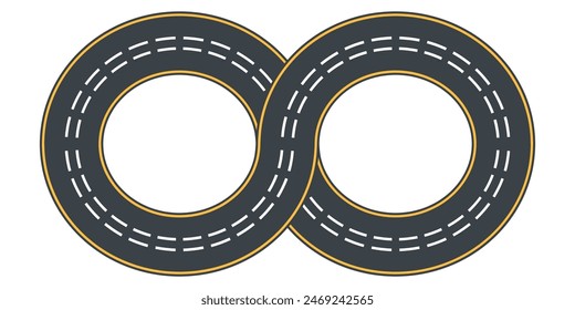 Endlose kurvenreiche Straße. Reisen entlang einer gekrümmten Autobahn. Der Weg zum Horizont in Perspektive. Konzept der isolierten Vektorgrafik mit kurvigem Asphalt und Leerzeile