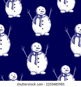 Interminables antecedentes de invierno con hombres de nieve sonrientes. Snowman duplica en diferentes tamaños, dibujo vectorial a mano en tonos azules