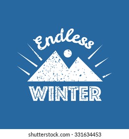 Endless winter hand written text. Brush lettering on textured background with mountains. Vector card design with calligraphy. Cold season typography. Season greeting card, banner template. 