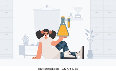 Endless woman holding chemical carafe, learning point. Trendy style, Vector Illustration