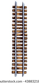 Endless wooden brown ties and direct right steel grey rails isolated on white. Bright color hand drawn picture sketchy in art scribble style. Top view with space for text