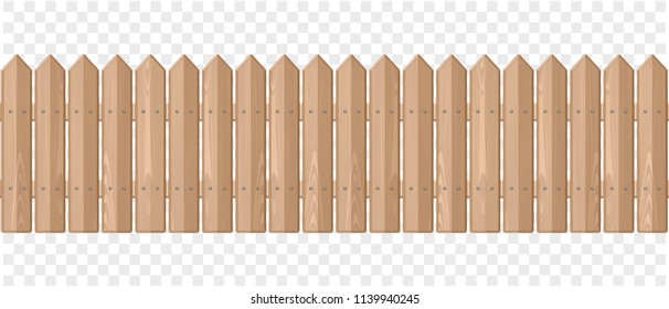 Endless wooden fence on a transparent background. Picket fence. Seamless pattern. Vector illustration