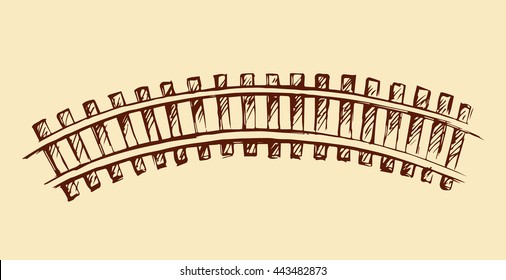 Endless wooden ties and bend steel rails isolated on white. Freehand outline ink hand drawn picture sketchy in art scribble vintage style pen on paper. Top view with space for text