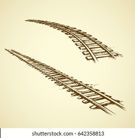 Endless wooden ties and bend steel rails isolated on white. Freehand outline ink hand drawn picture sketchy in art scribble vintage style pen on paper. Perspective view with space for text