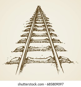 Endless wooden ties and bend steel rails isolated on white. Freehand outline ink hand drawn picture sketchy in art scribble vintage style pen on paper. Perspective view with space for text
