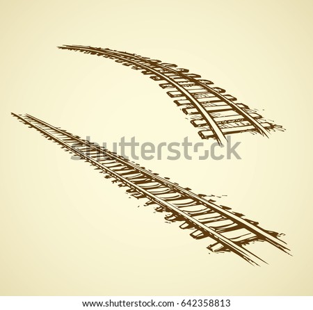 Endless wooden ties and bend steel rails isolated on white. Freehand outline ink hand drawn picture sketchy in art scribble vintage style pen on paper. Perspective view with space for text