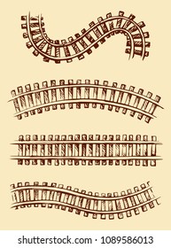 Endless wooden ties and wavy bend steel rails on white backdrop. Freehand linear ink hand drawn traintrack icon logo sketchy in art scribble vintage style pen on paper. Top view with space for text