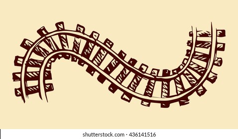 Endless wooden ties and wavy bend steel rails isolated on white. Freehand outline ink hand drawn picture sketchy in scribble vintage style pen on paper. Top view with space for text