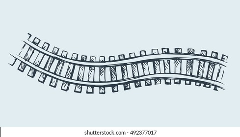 Endless wooden ties and wavy bend steel rails isolated on white. Freehand outline ink hand drawn picture icon sketchy in art scribble vintage style pen on paper. Perspective view with space for text